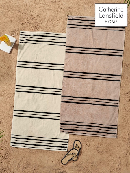Catherine Lansfield Set of 2 Natural Banded Stripe 100% Cotton Beach Towel (N75142) | £22