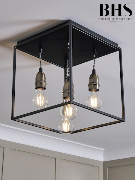 BHS Black Dexter Industrial 3 Light Flush Ceiling Light (N75188) | £100