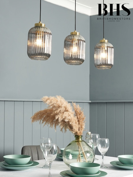 BHS Satin Brass Lyna Smoke Glass 3 Light Linear Pendant Bar Ceiling Light (N75215) | £100