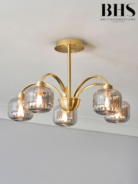 BHS Satin Brass Lyna Smoke Glass 5 Light Ceiling Light (N75240) | £80