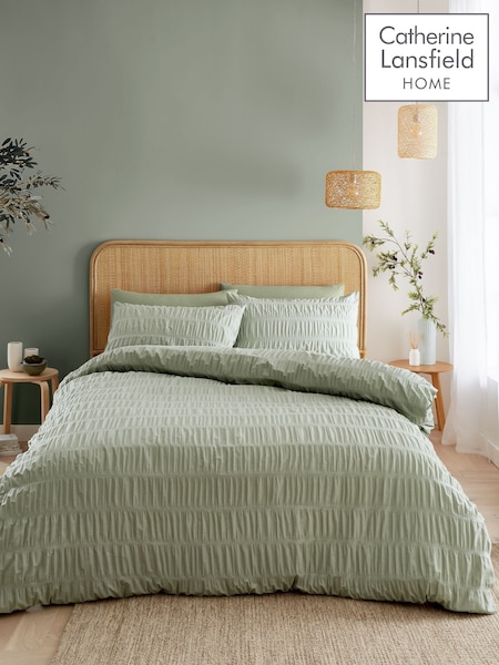 Catherine Lansfield Sage Green Seersucker Easy Care Duvet Cover Set (N75274) | £22 - £38