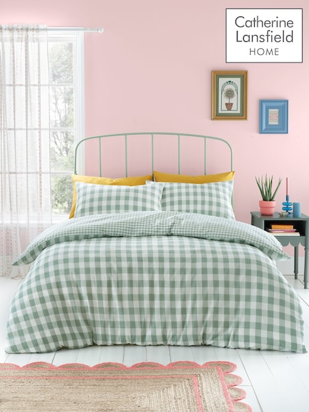 Catherine Lansfield Green Seersucker Gingham Check Easy Care Duvet Cover Set (N75315) | £22 - £33