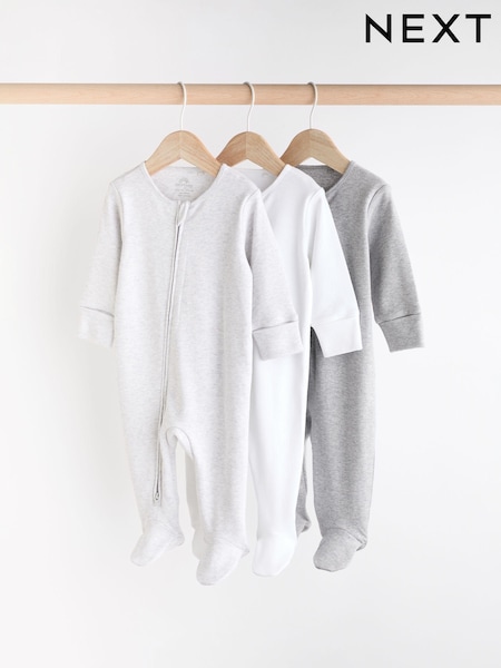 Grey Essential Zipped 100% Cotton Baby Sleepsuits 3 Pack (0-3yrs) (N75360) | £15 - £17