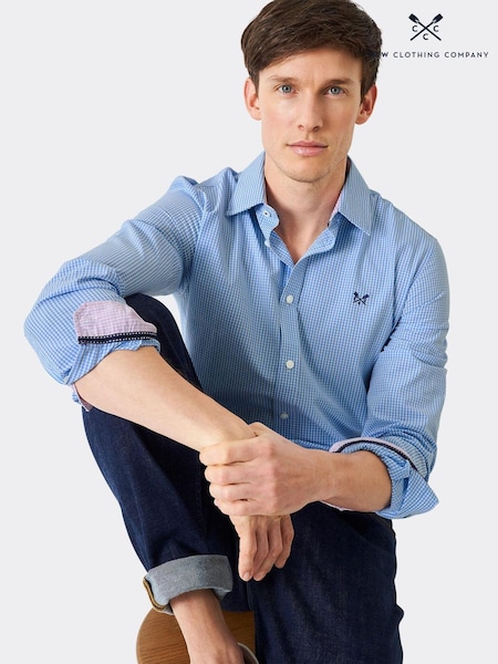 Crew Clothing Company Blue Sky Slim Fit 100% Cotton Micro Gingham Shirt (N77302) | £57