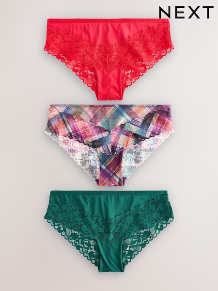 Red/Green Brazilian Floral Lace Knickers 3 Pack (N77624) | £18