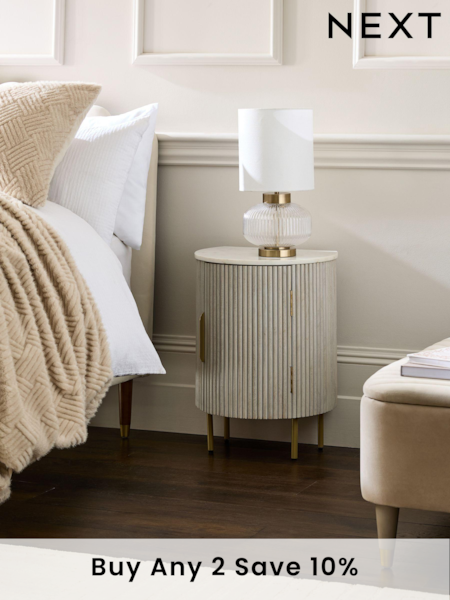 Light Grey Valencia Marble and Mango Wood 1 Door, Round Bedside Table (N77722) | £350
