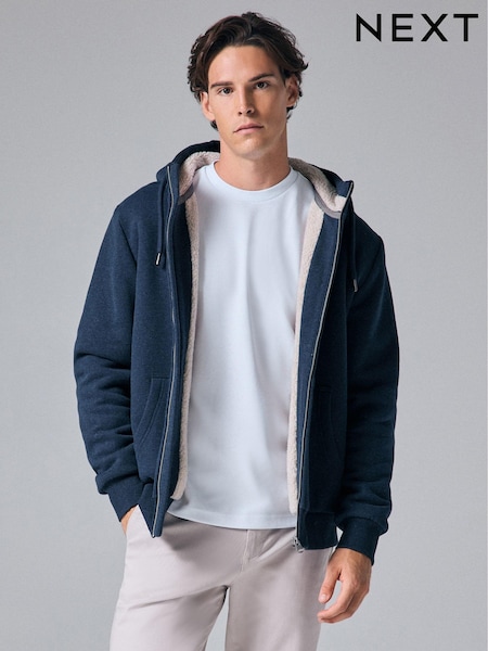 Navy Blue Borg Fleece Lined Zip Up Hoodie (N77851) | £55