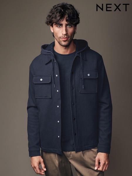 Navy Blue Borg Lined Popper Shacket with Hood (N78184) | £62