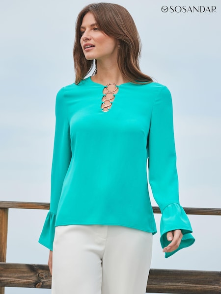 Sosandar Green Ring Detail Asym Sleeve Top (N78651) | £49
