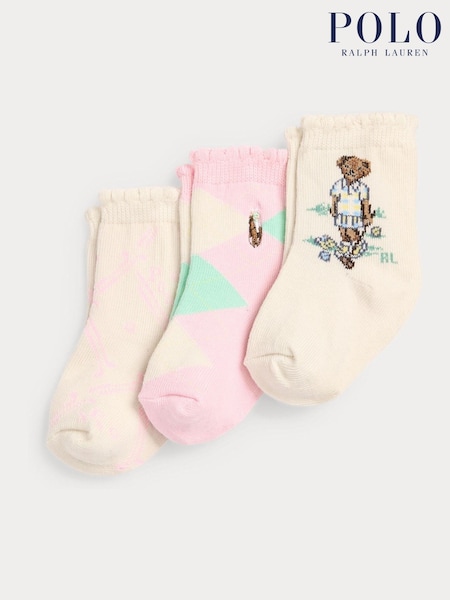 Polo Ralph Lauren Pink Baby Bear 100% Cotton Socks 3 Pack (N78972) | £9
