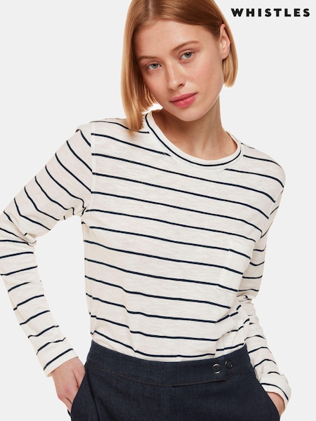 Whistles White Stripe Crew Neck Pocket 100% Cotton Top (N79407) | £49
