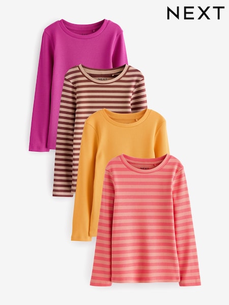Orange/Pink Rib Long Sleeve Tops 4 Pack (3-16yrs) (N90224) | £8 - £10.50