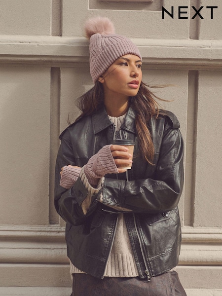 Pink with Gold Sparkle Cable Knit Pom Hat (N94918) | £12