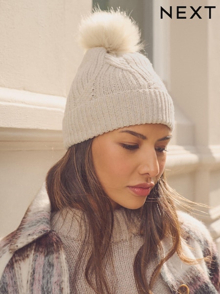 Oatmeal with Silver Sparkle Cable Knit Pom Hat (N94924) | £12