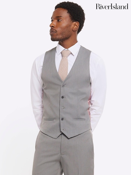 River Island Grey Plain 100% Cotton Suit Waistcoat (N95193) | £40