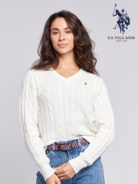 U.S. Polo Assn. White Womens V-Neck Cable Knit Jumper (N95672) | £60