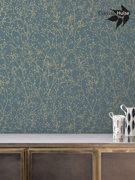 Clarissa Hulse Airforce Blue Soft Gold Gypsophila 10M Wallpaper (N95825) | £80