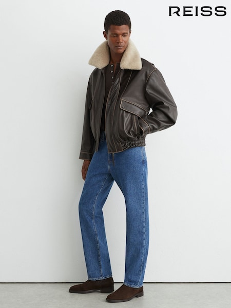 Brown - Regular Reiss Mardin Leather Shearling-collar Aviator Jacket