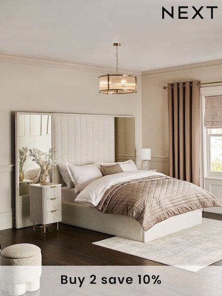 Casual Boucle Natural Oyster Cerys Upholstered Hotel Bed Frame with Ottoman Storage and Mirrors (N96068) | £1,365 - £1,565