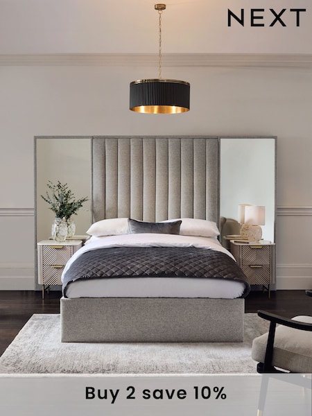Wool Blend Grey Cerys Upholstered Hotel Bed Frame with Ottoman Storage and Mirrors (N96070) | £1,365 - £1,565