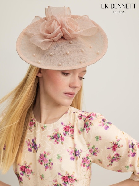 LK Bennett Pink Ayla Mesh Pearl Detail Wide Brim Fascinator Hat (N96163) | £99