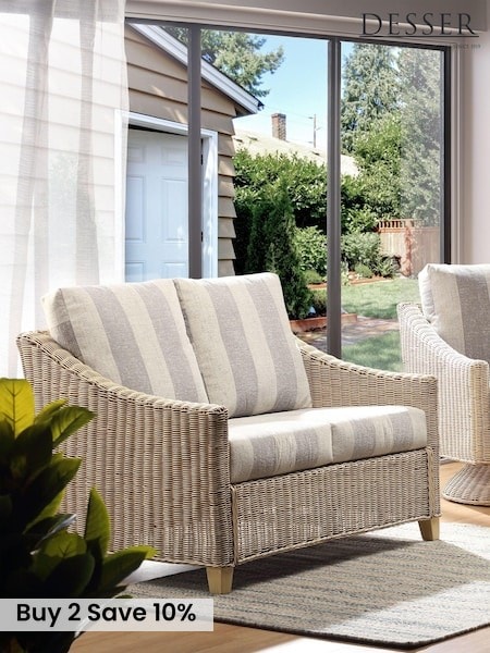 Desser Grey Athena Stripe Dijon Natural Rattan Conservatory 2 Seater Sofa (N96931) | £750