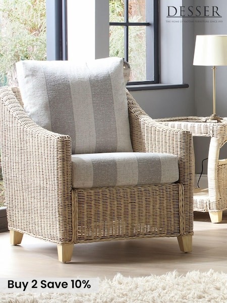 Desser Grey Athena Stripe Dijon Natural Rattan Conservatory Armchair (N96952) | £470