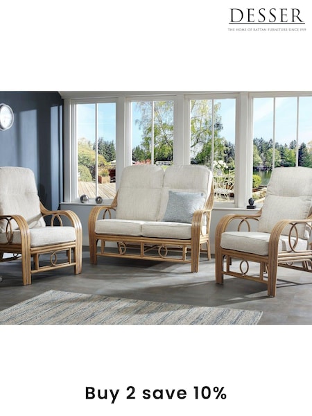 Desser Jasper Beige Cream Madrid Light Oak Rattan Conservatory 2 Seater Suite Sofa (N97025) | £1,300