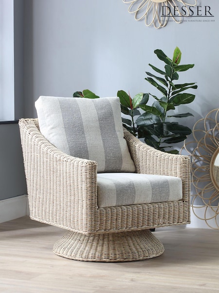 Desser Grey Athena Stripe Dijon Rattan 360 Conservatory Boxy Swivel Chair (N97055) | £550