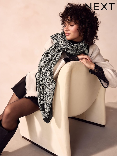 Black/White Woodblock Lightweight Scarf (N97554) | £14