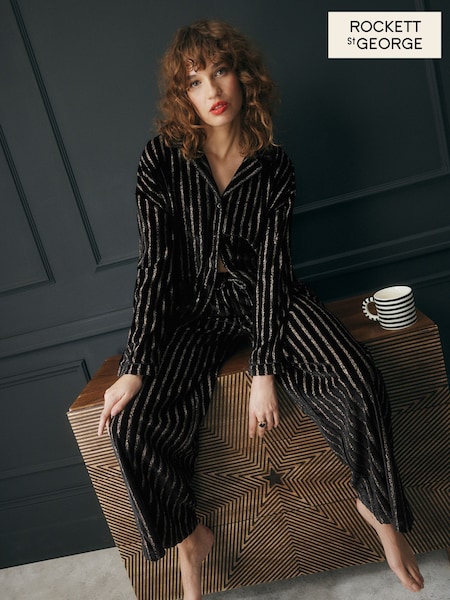 Rockett St George Black and Gold Metallic Stripe Button Up Pyjama Set (N98301) | £75
