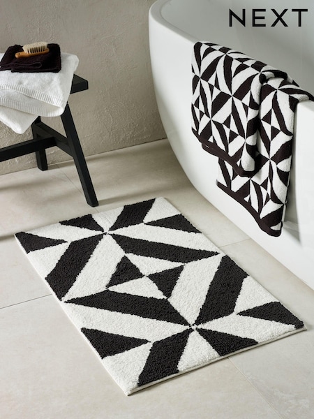 Black Geo Pattern 100% Cotton Bath Mat (N98901) | £18
