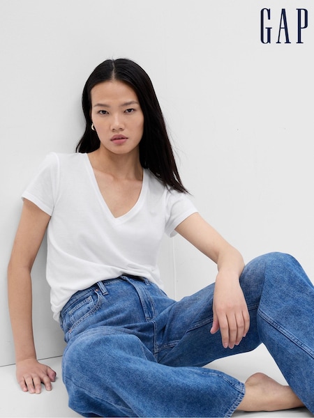 Gap White V-Neck Favourite Cotton-Modal Short Sleeve T-Shirt (P30663) | £12
