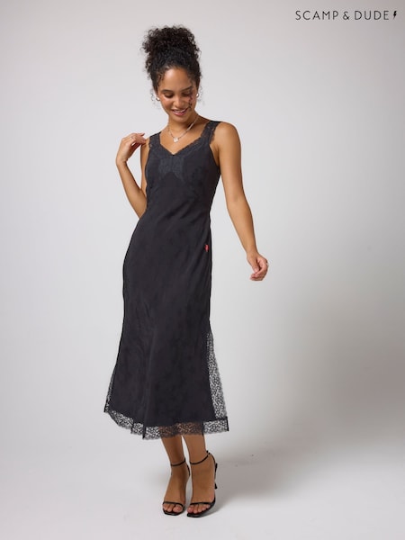 Black - Scamp & Dude Star Jacquard Lace Detail Midi Slip Dress