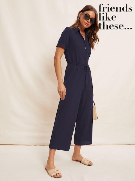 Friends Like These Navy Jersey Short Sleeve Button Up Wide Leg Jumpsuit (P67300) | £44