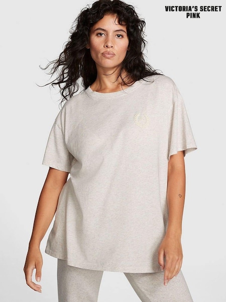 Victoria's Secret PINK Heather Oatmeal Beige Short Sleeve Oversized Campus T-Shirt (P86393) | £25