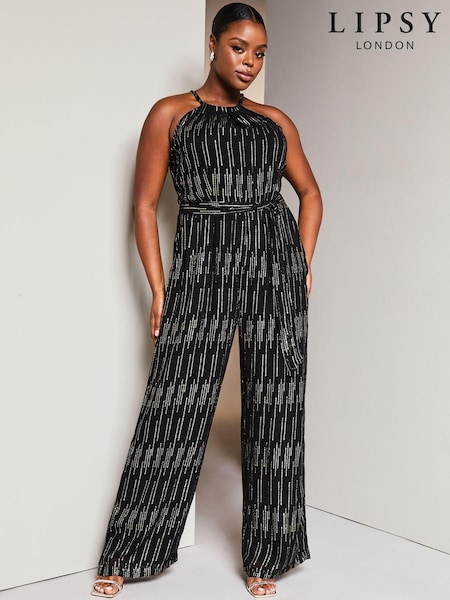 Lipsy Black Curve Metallic Halter Neck Jumpsuit (P98785) | £6