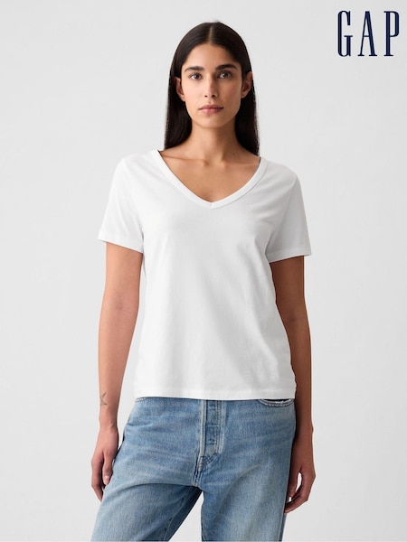 Gap White V-Neck Vintage 100% Organic Cotton Short Sleeve T-Shirt (Q28323) | £18