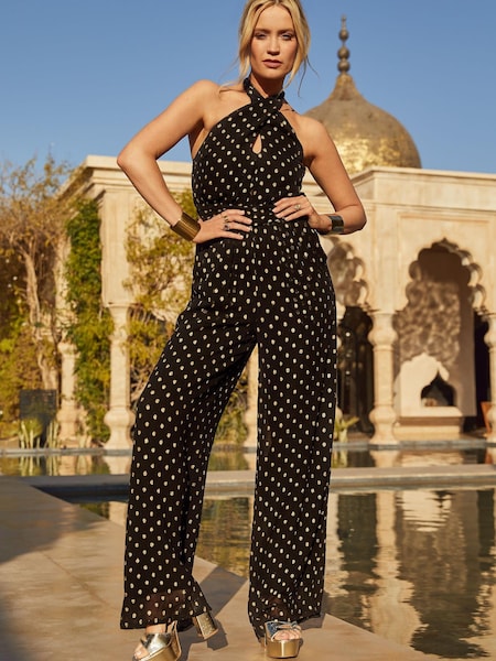 Love & Roses Black and Gold Metallic Twist Cross Neck Wide Leg Summer Jumpsuit (Q36311) | £10