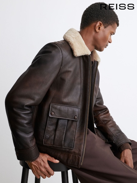 Brown - Regular Reiss Ankara Burnished Leather Shearling-collar Jacket