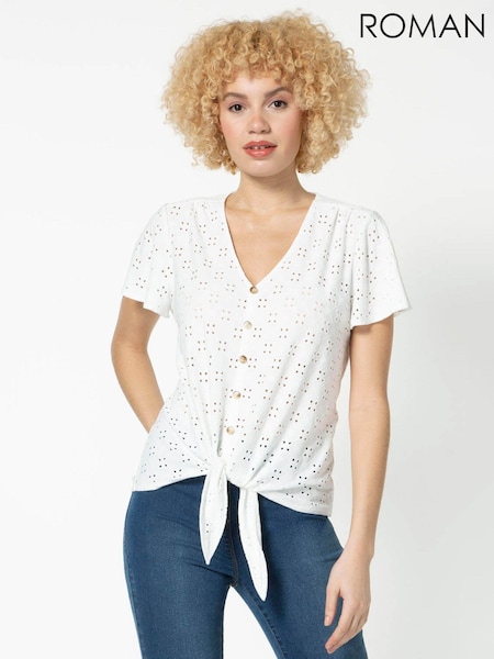 Roman White Broderie Button Down Tie Front Top (Q47486) | £32