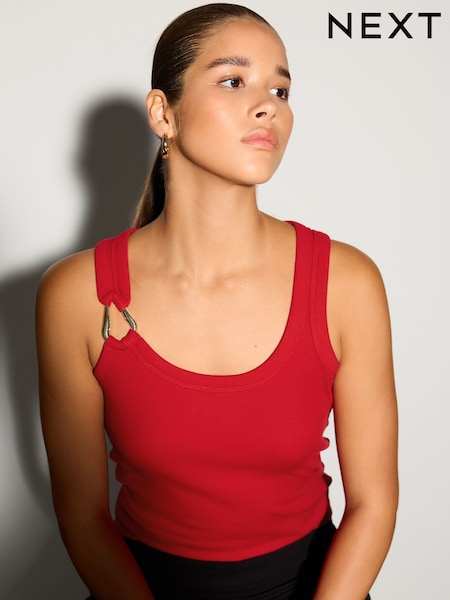 Red - Trim Hardware Detail Racer Ribbed Vest Top