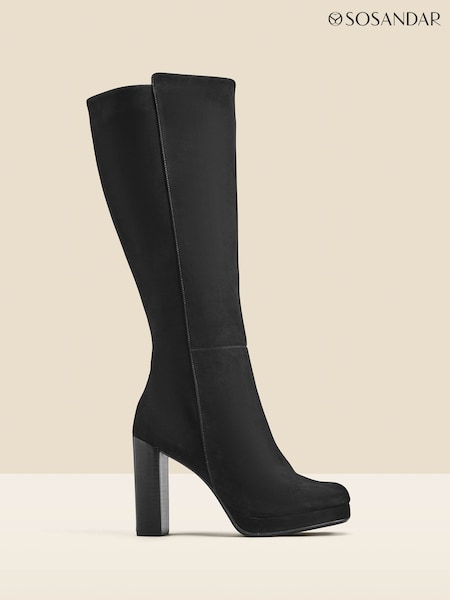 Sosandar Black Nubuck Leather Platform Block Heel Knee High Boots (Q49046) | £120