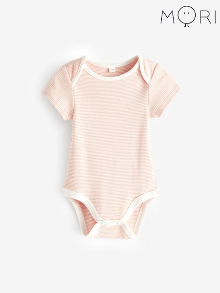 MORI Pink Organic Cotton Stripe Short Sleeve Envelope Neckline Bodysuit (Q49252) | £18