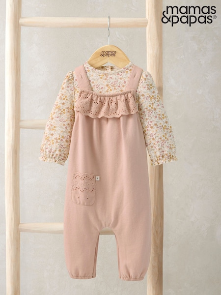 Pink - Mamas & Papas Broderie Dungarees & Bodysuit Outfit Set