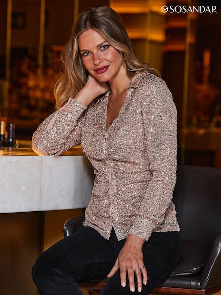 Sosandar Pink Ruched Front Sequin Shirt (Q50979) | £59