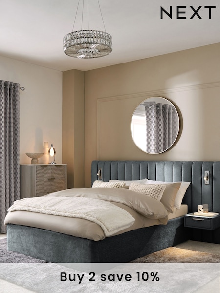 Plush Chenille Slate Blue Mayfair Upholstered Hotel Bed Frame with Ottoman Storage Bedside Tables and Lights (Q51419) | £1,265 - £1,465