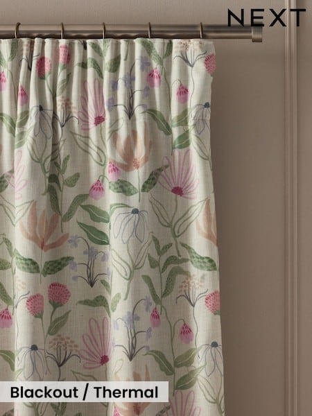 Floral Print Touch Of Linen Pencil Pleat Blackout/thermal Curtains