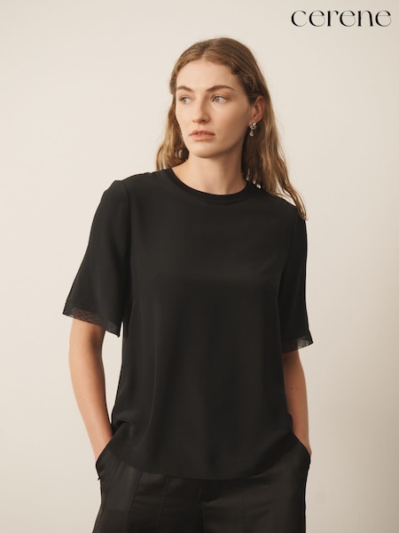 Black - Cerene Silk Mesh Trim T-shirt
