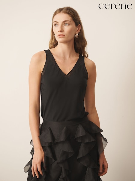 Black - Cerene Silk Mesh Trim V-neck Camisole